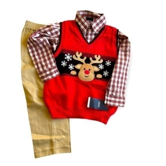 Izod Boys Kid 3piece holiday reindeer sweater set snowflake plaid itfdr34e Sz 4 - Picture 1 of 8